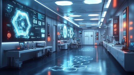 Obraz premium Futuristic laboratory with advanced technology and digital displays.