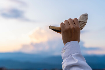 Close-up of a Hebrew shofar or horn for celebrating the beginning of the month or new year