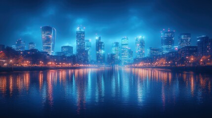 Fototapeta premium A vibrant city skyline illuminated at night, reflected in water.