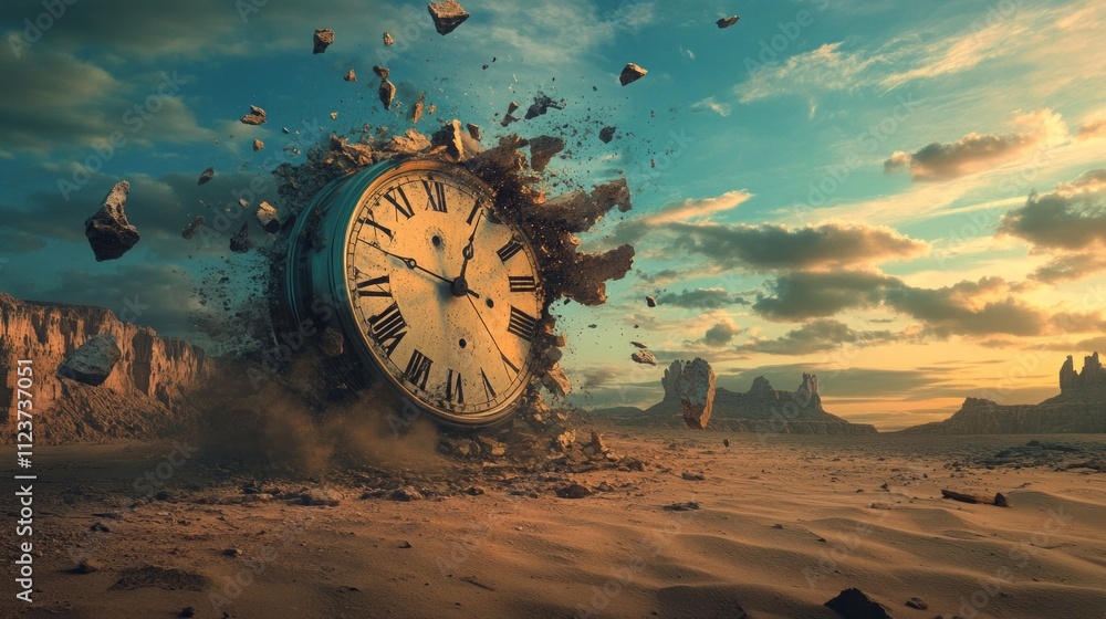 Poster surreal scene of a breaking clock in a desert landscape
