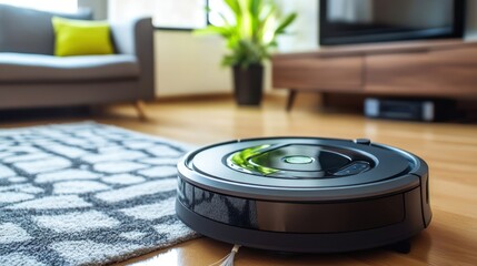 Robotic vacuum cleaner cleaning a rug in a modern living room.