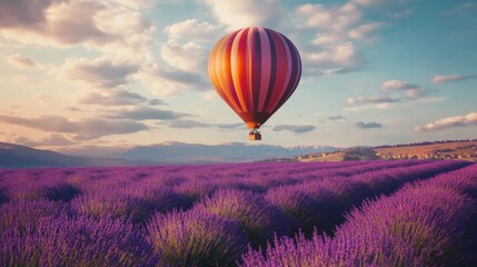 Fototapeta premium Hot air balloon floating over a lavender field cheerful and adventurous vibe