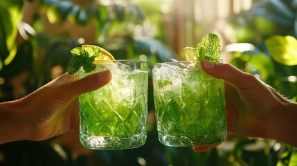 Young couple clinking glasses of tropical cocktails at an outdoor patio bright sunny day relaxed atmosphere lush greenery in the background