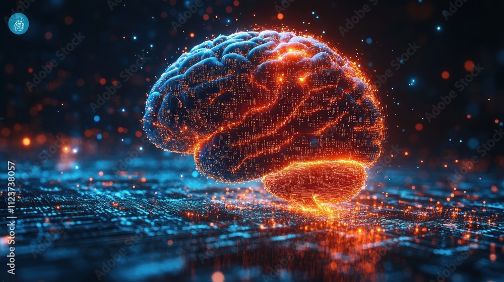 Poster a glowing brain composed of digital particles and circuits.