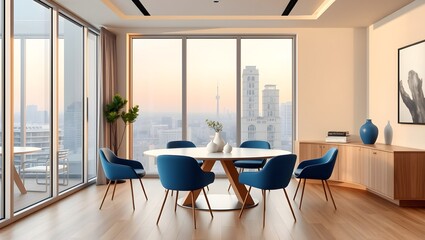 Fototapeta premium Modern dining room with a stunning city view at sunset. Blue chairs surround a white table, creating a calm and sophisticated atmosphere.
