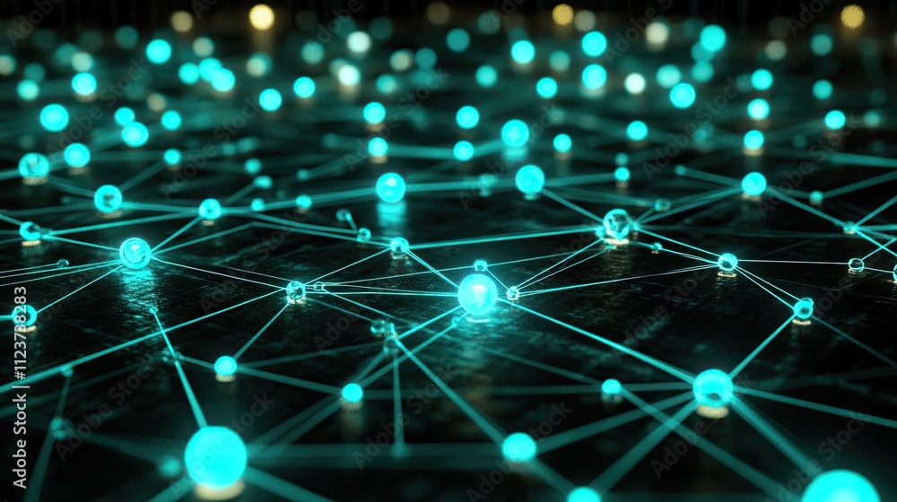 Poster abstract network of glowing spheres connected by lines on dark surface.