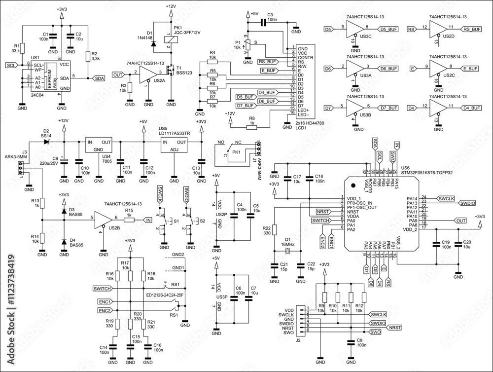 Poster schematic diagram of digital electronic device on paper sheet. vector drawing electrical circuit wit