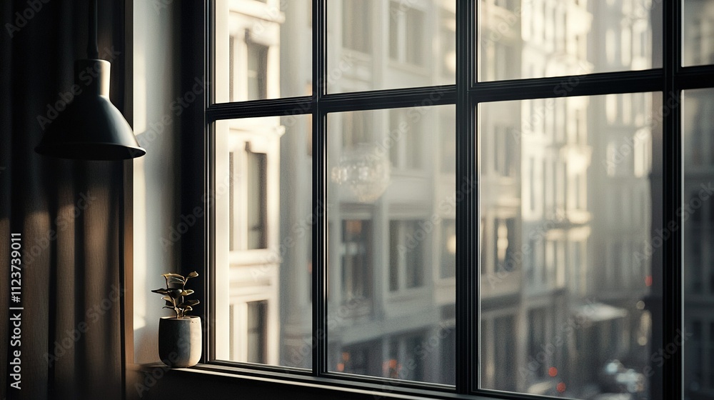 Poster a window sill with a lamp and a view of a city through the window