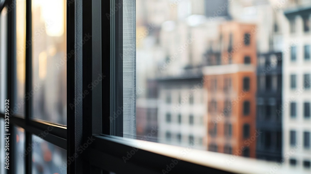 Poster close-up of window showing cityscape in the background of building