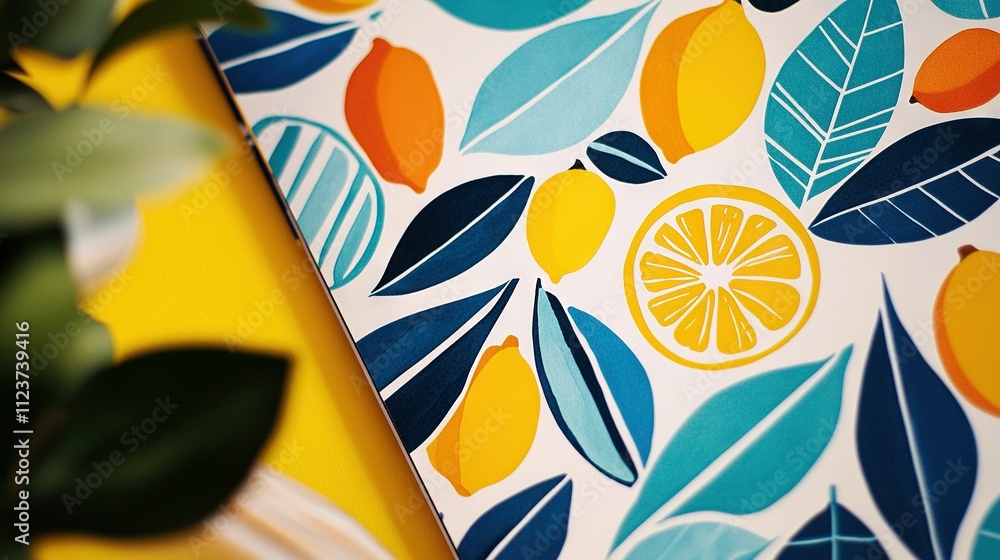 Poster a close-up of a lemon and leaves patterned paper with a plant in the foreground