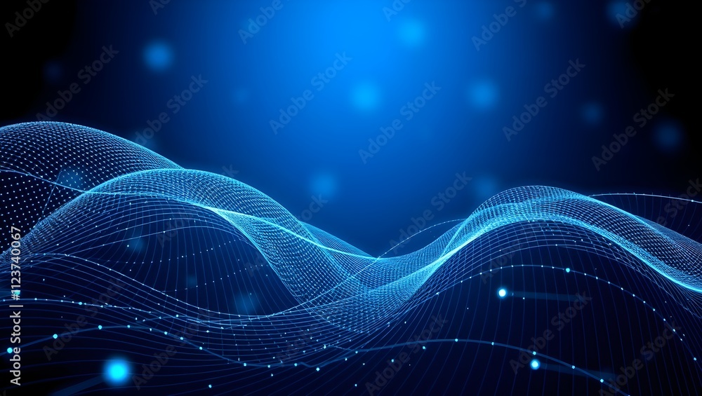 Poster abstract digital wave background. glowing blue lines and dots create a dynamic, flowing design. perf