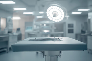 Surgical instruments on an operating table in a well-lit operating room.