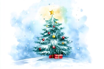 Obraz premium Watercolor painting of a christmas tree standing outdoors in the snow