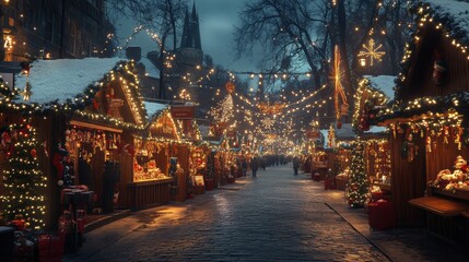 Obraz premium Magical Christmas market at night, glowing fairy lights, festive decorations, snowy ambiance, charming wooden stalls, holiday shopping, cozy winter village, festive street celebration