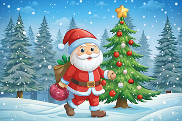 Fototapeta premium Jolly Santa Claus carrying gifts walks through a snowy winter forest towards a decorated Christmas tree. (1)