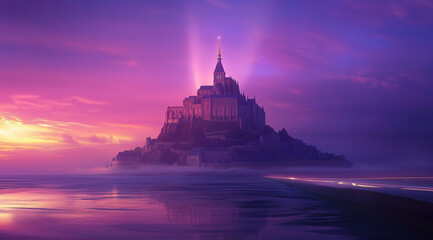 Obraz premium Long exposure photography captures the magical atmosphere of French coastal landscapes, National Geographic style. The road leading to Mont Saint-Michel at sunset is bathed in beautiful lighting, with
