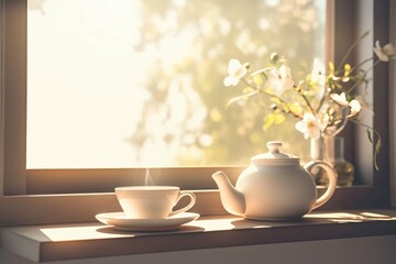 Obraz premium white ceramic teapot with a matching cup in focus with a blurred tea table setup near a window in the background bright soft lighting and elegant tone