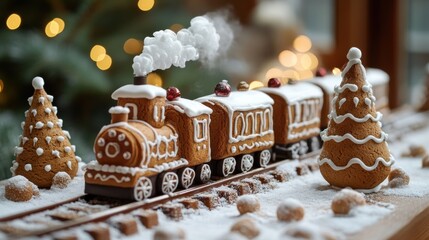 Festive gingerbread train with glowing lights on snowy track, decorated holiday scene, Christmas theme, sweet festive decor, winter confectionery art