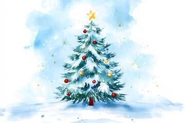 Fototapeta premium A watercolor painting of a christmas tree standing in the snow outside