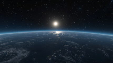 Fototapeta premium A serene glimpse of Earth surrounded by stars, with its oceans shimmering in cosmic silence.