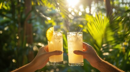 Young couple clinking glasses of tropical cocktails at an outdoor patio bright sunny day relaxed atmosphere lush greenery in the background