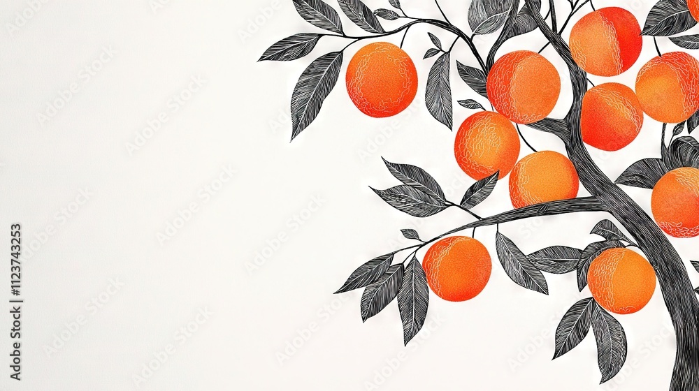 Poster an image of an orange tree with numerous oranges dangling from its limbs on a white canvas backdrop