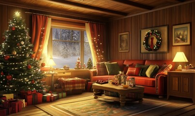 Cozy Christmas Living Room with Festive Decorations and Tree