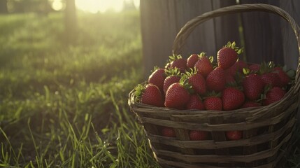Sunlit basket overflowing with freshly picked strawberries sits in a grassy field.