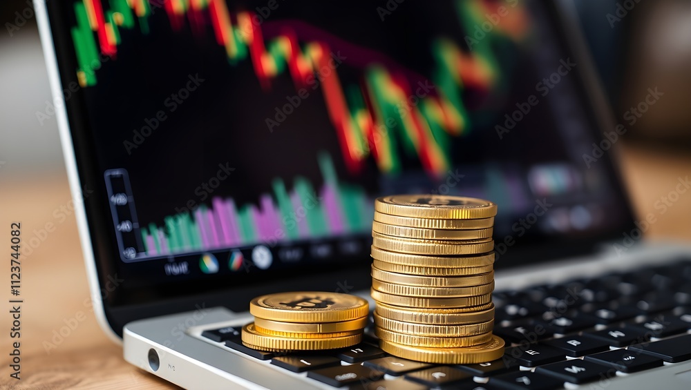 Poster stacks of gold-colored cryptocurrency coins sit on a laptop keyboard with a stock market chart displ