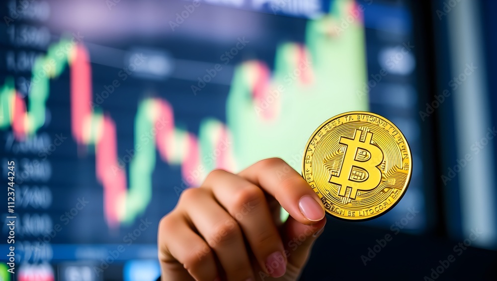 Poster a person holds a gold bitcoin coin in front of a computer screen displaying a cryptocurrency stock c