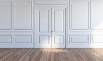 Naklejka premium A realistic modern illustration showcasing an empty room with detailed wall moldings and double doors in the traditional Victorian style, complete with white paneled walls and wooden doors in the
