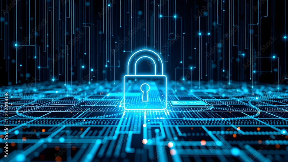 Poster a glowing blue padlock icon sits at the center of a complex digital circuit board, representing cybe