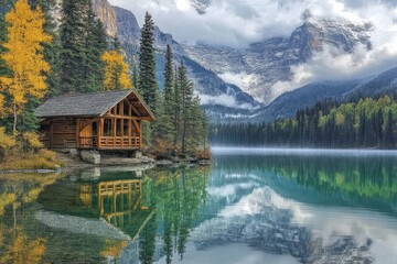 Obraz premium Secluded cabin reflects in tranquil mountain lake.