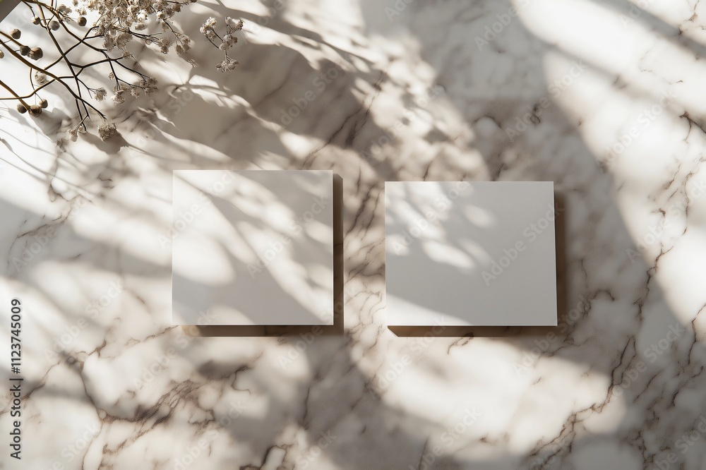 Poster two empty business cards mockup lying on marble surface with overlay shadow, perfect for branding an