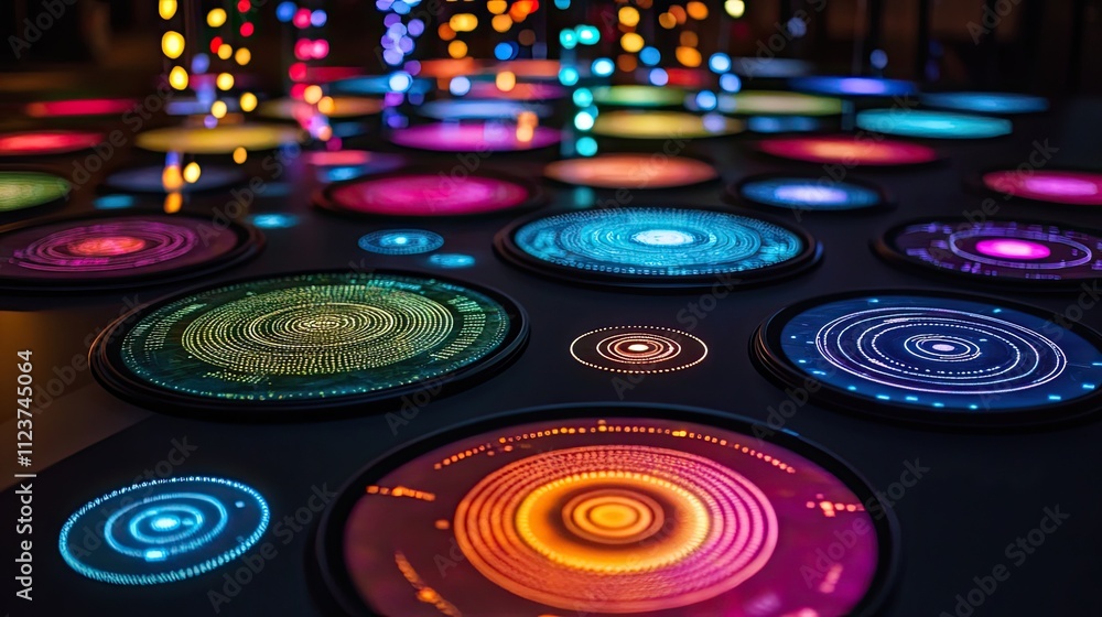 Poster colorful illuminated circular tech interfaces.