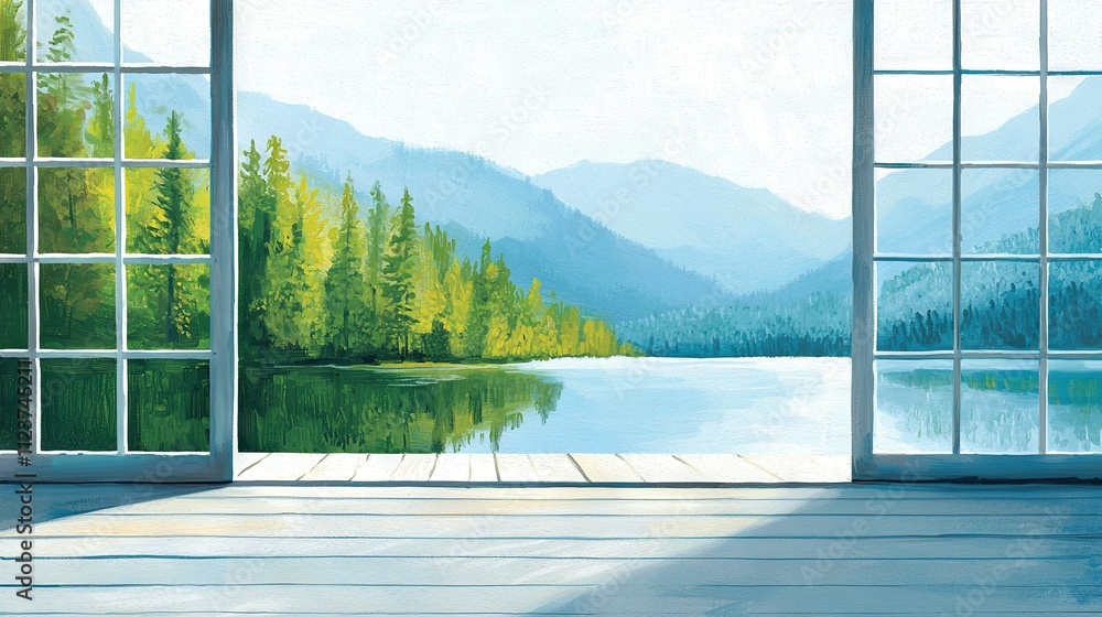 Poster an open window with a mountain lake and pine trees in view