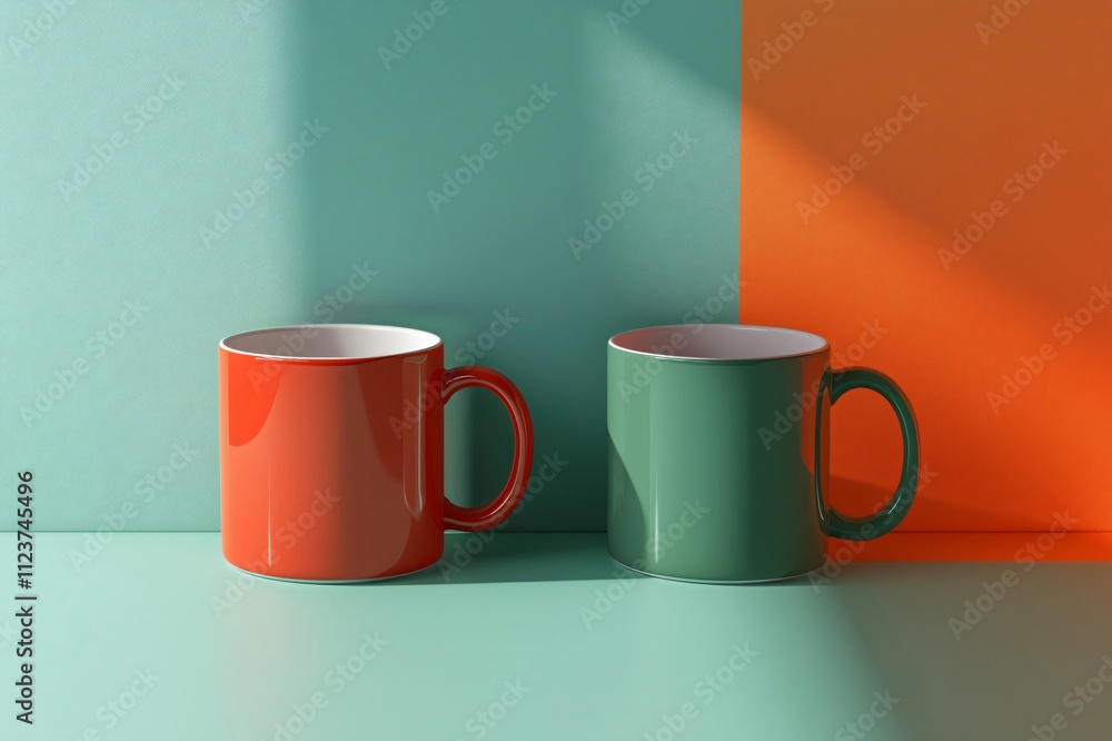 Aufkleber customizable mockup featuring two mugs, a red one and a green one, standing on a colorful background