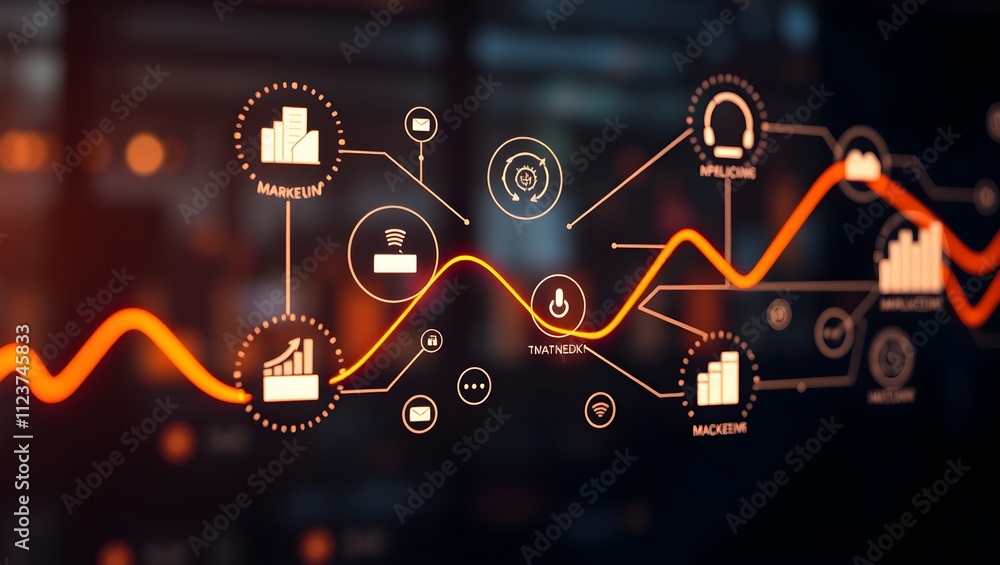Poster abstract digital illustration depicting a dynamic network of interconnected data points and growth t
