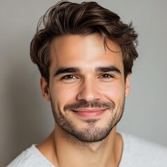 Obraz premium Close-up portrait of a smiling young man with brown hair and beard.