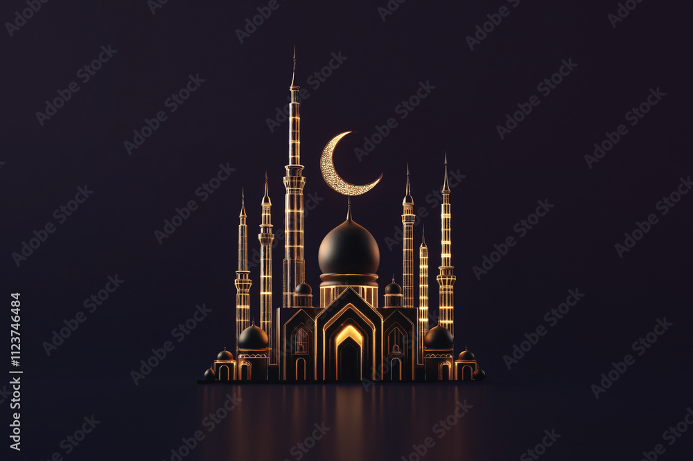 Poster modern mosque design featuring illuminated golden outlines against a dark background, creating a cap