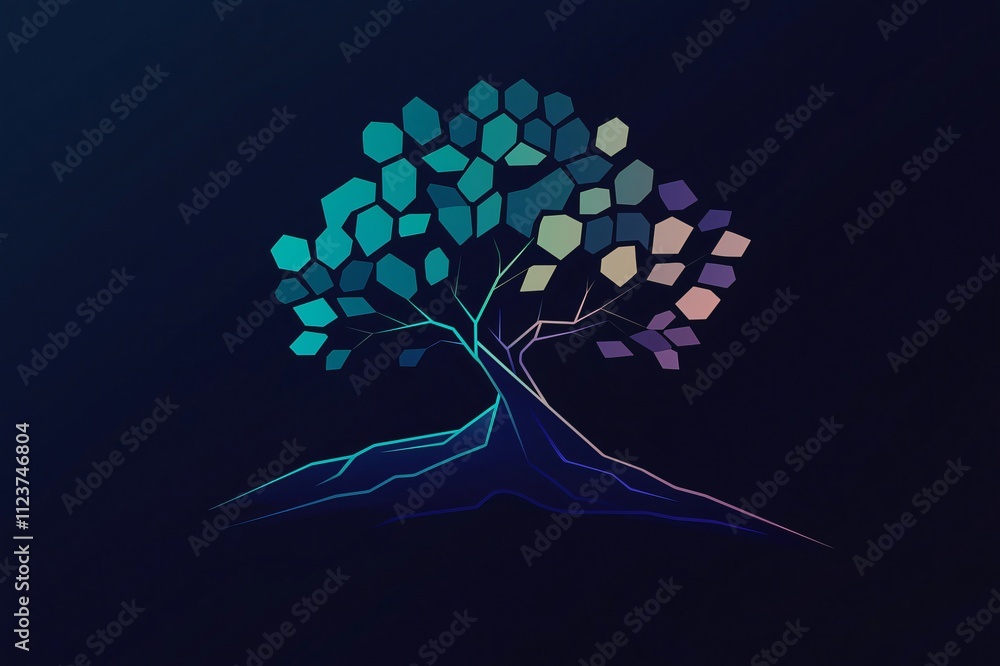 Aufkleber abstract geometric tree is growing with colorful polygons as leaves on a dark background