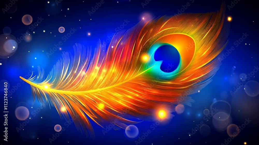 Poster vibrant feather design with colorful patterns and glowing orbs on a dark background
