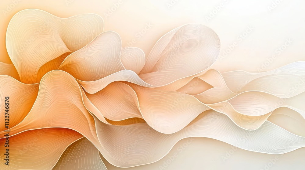 Poster a soft, abstract design featuring flowing waves in gentle peach and cream hues, creating a serene an