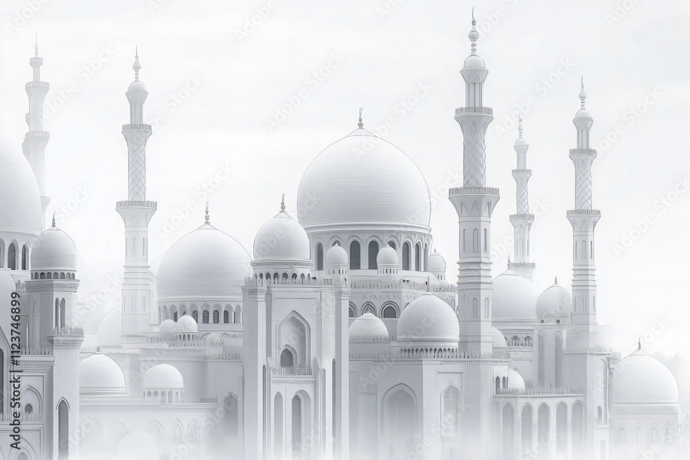 Poster sheikh grand mosque with its minarets and domes emerging from a thick fog creating a mystical atmosp