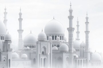 Fototapeta premium Sheikh grand mosque with its minarets and domes emerging from a thick fog creating a mystical atmosphere