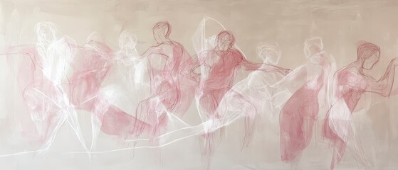 a sequence of silhouettes dancing figures in soft pink and white gestural lines, creating an ethereal sense of movement across the composition. The loose, flowing sketches. Generative AI