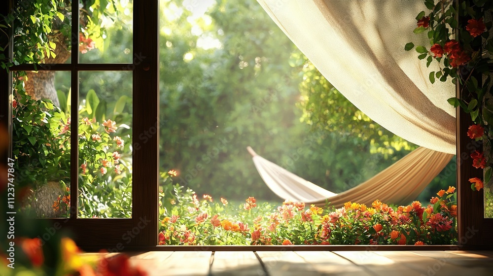 Poster window with hammock in flower garden and hammock background