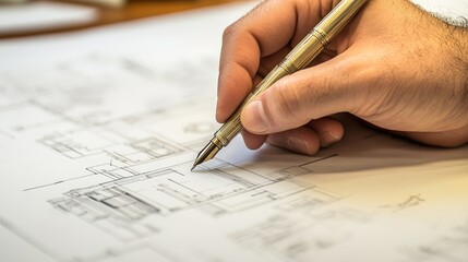 Close-up of a hand drawing architectural plans with a pen.