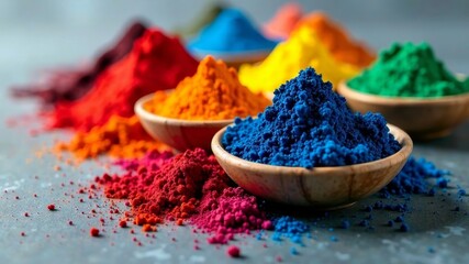 Vibrant color pigment powders, arranged in small bowls or piles. The colors include intense shades of red, blue, yellow, green, and other bright primary and secondary hues