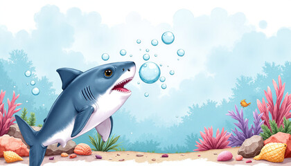 Fototapeta premium Cute cartoon underwater scene featuring a baby shark blowing bubbles among colorful sea plants